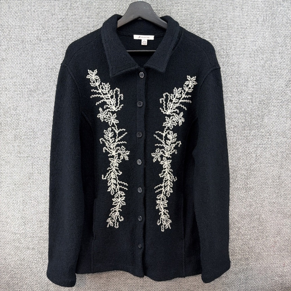 JM Collection Black Women's Large 100% Wool Embroidered Cardigan Sweater - Picture 2 of 9